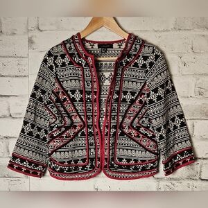 Atmosphere Boho Open Front Jacket Black White Geometric Red Trim Size 6